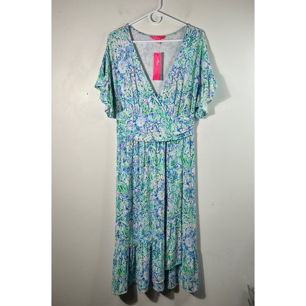 Lilly Pulitzer Juliet Ruffle Midi Dress Surf Blue Soleil It on Me L NWT